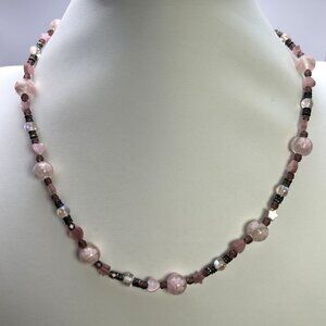 Pink Lampwork Glass Bead Necklace Floral Hearts Crystal 20in Artisan